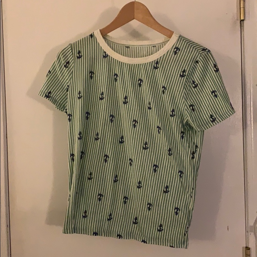 Urban Outfitters Green and White Stripe Anchor Tee